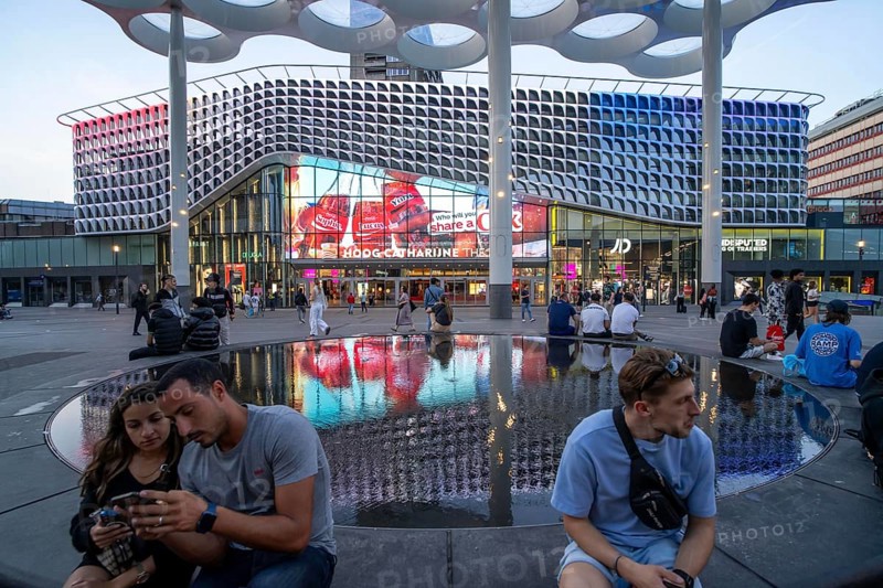 The station forecourt at Utrecht Centraal station, at the Hoog Catharijne shopping centre and station concourse, roof, in the city centre, Netherlands