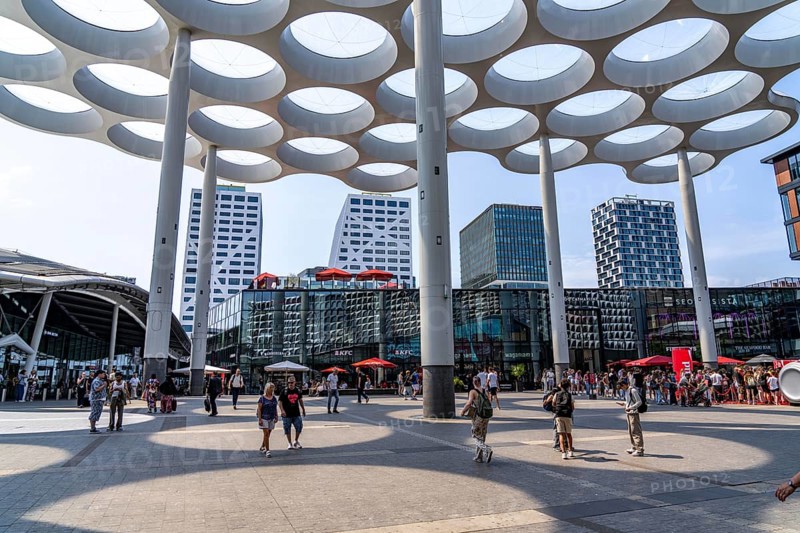 Utrecht Centraal station, station forecourt at Hoog Catharijne shopping centre and station concourse, roof, in the city centre, office and residential high-rises, Netherlands