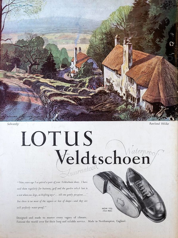 Country Life magazine colour advertisement 1951 Lotus Veldtschoen, picture of Selworthy by Rowland Hilder