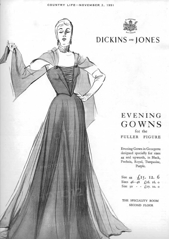 Dickins and Jones evening gowns advertising in Country Life magazine UK 1951