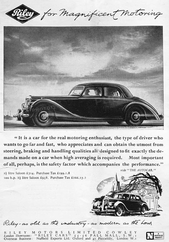 Riley Motors Limited car advert London Illustrated News, 1949