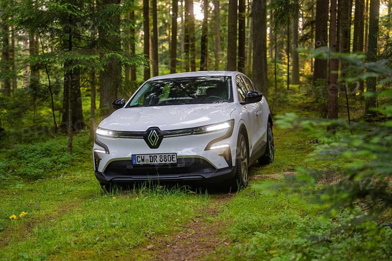 White car driving through a dense forest in daylight, surrounded by large trees, Renault Megane, Deer E Carsharing, electric car, Calw, Black Forest, Germany