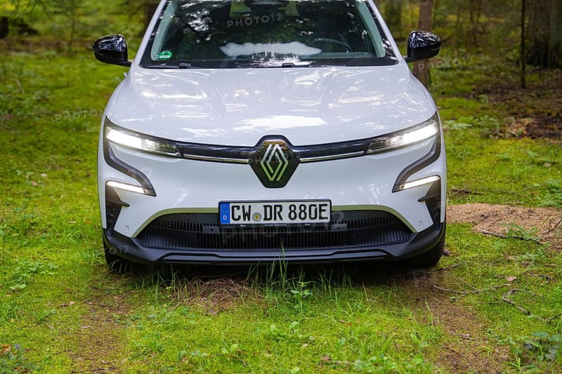 Close-up of a white car on a green forest floor in a shady forest, Renault Megane, Deer E Carsharing, electric car, Calw, Black Forest, Germany