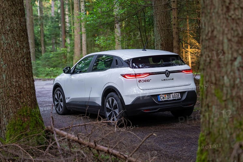 Back of a white car in the forest, Renault Megane, Deer E Carsharing, electric car, Calw, Black Forest, Germany