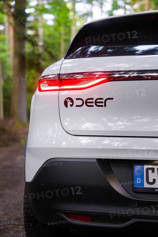 Close-up of a tail light with forest in the background, Renault Megane, Deer E Carsharing, electric car, Calw, Black Forest, Germany