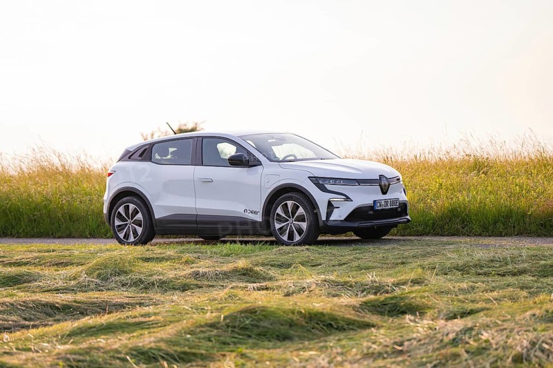 White electric car standing in a meadow on a sunny day, Renault Megane, Deer E- Carsharing, electric car, Gechingen, Germany
