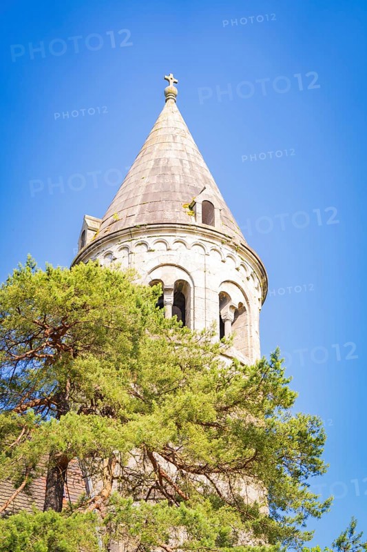 Top of a medieval church tower with a tree in the foreground under a blue sky, event and wedding location Lorch Monastery, Lorch, Germany