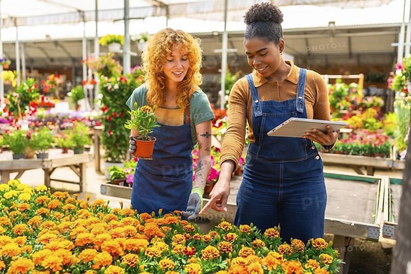 Two young women working in a greenhouse, checking flowers and discussing using a digital tablet