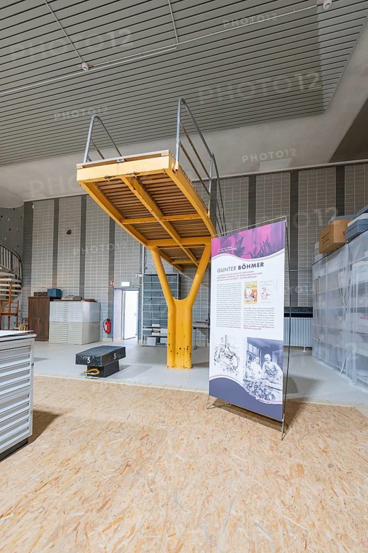 Industrial steel construction with railings and information poster, historical art exhibition in the old swimming pool, show depot, Calw, Black Forest, Germany