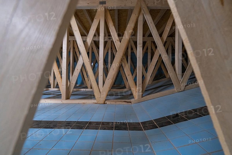 Wooden construction with geometric pattern and blue and white tiles, historical art exhibition in the old swimming pool, show depot, Calw, Black Forest, Germany