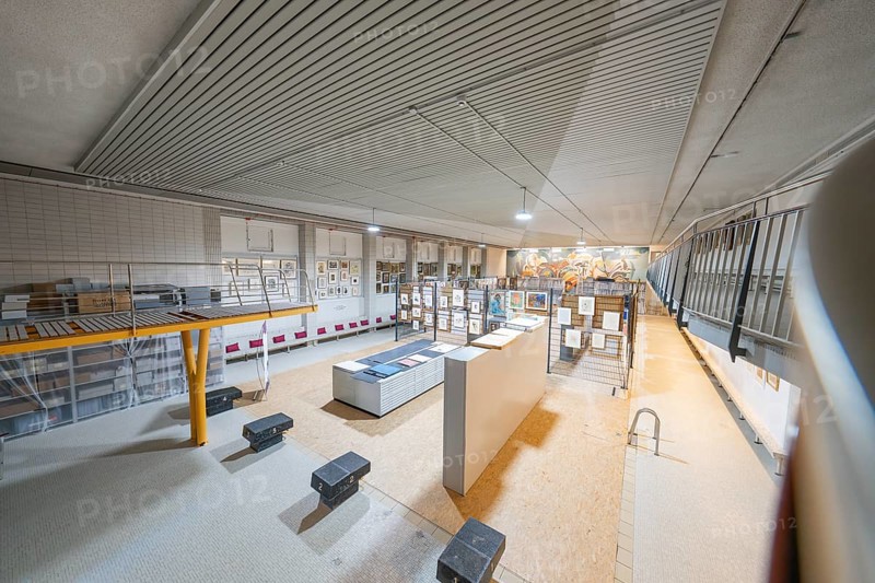 Exhibition space with works of art, bright light and modern architecture, historical art exhibition in the old swimming pool, show depot, Calw, Black Forest, Germany