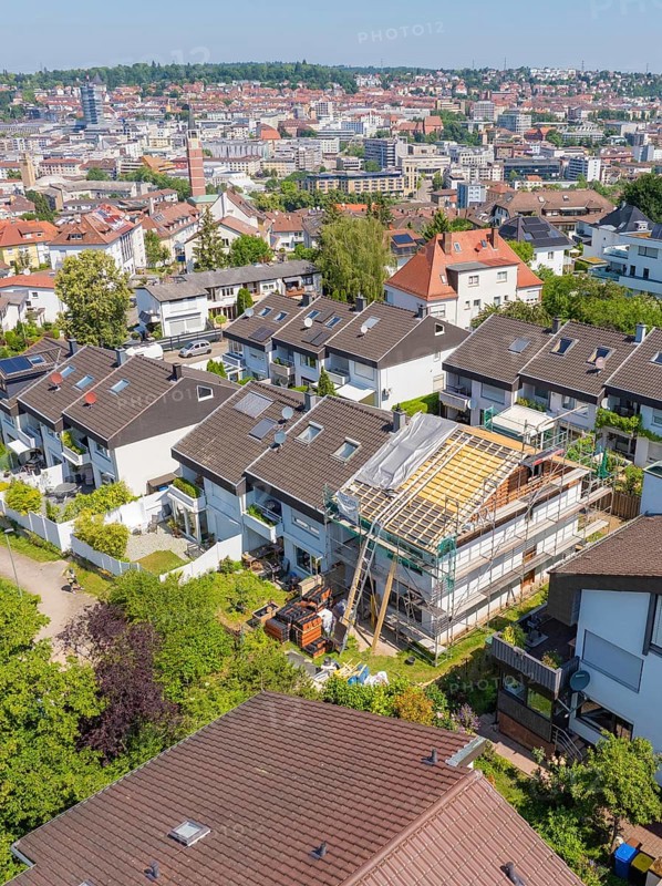 Bird's eye view of a house under renovation in a suburban area with urban view, roof renovation, house construction, Pforzheim, Germany