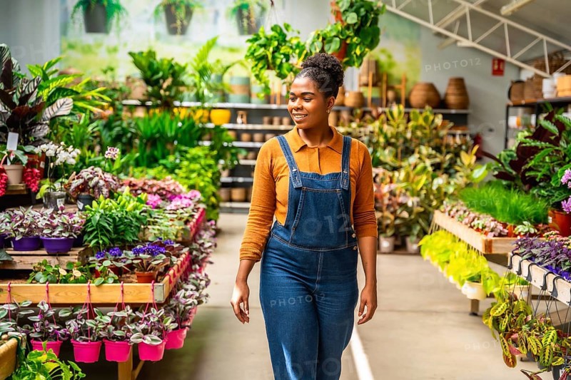 Happy young woman working in a vibrant plant nursery, walking through colorful rows of potted plants, radiating joy and positivity