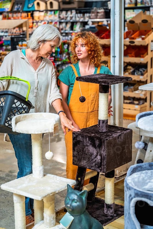 Senior woman holding shopping basket and choosing cat tree with shop assistant help in pet store