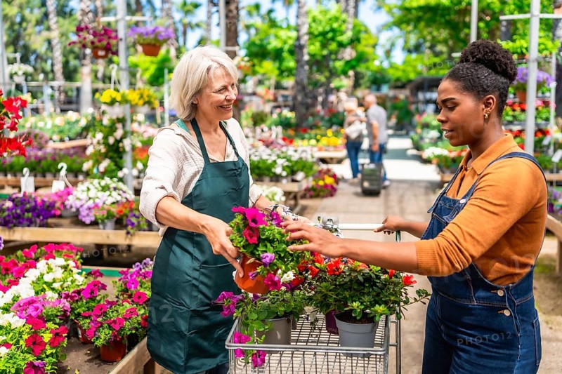 Senior florist helping young customer choosing blooming flowers in garden center, pushing a shopping cart
