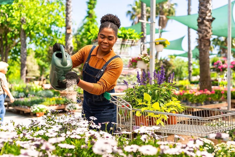 Happy young woman working in a garden center watering plants with a watering can while pushing a shopping cart