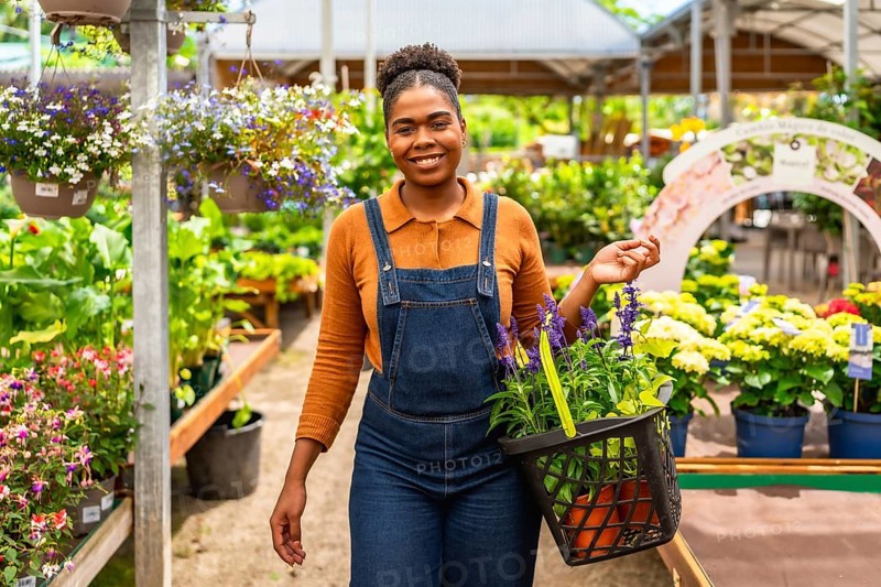 Young woman working at a garden center, happily carrying a basket brimming with vibrant flowers and lush plants under the warm sunlight