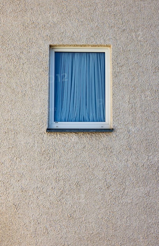 House facade, window with blue curtain, Steyr, Upper Austria, Austria