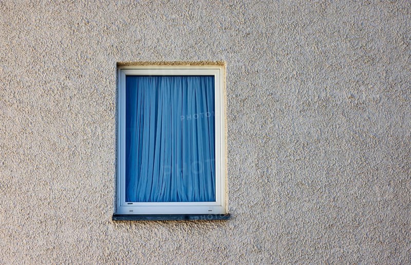 House facade, window with blue curtain, Steyr, Upper Austria, Austria