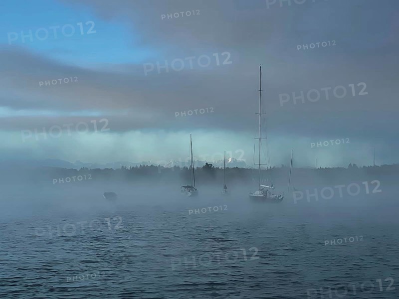 Sailing boats on Lake Starnberg with fog, Bavaria, Germany