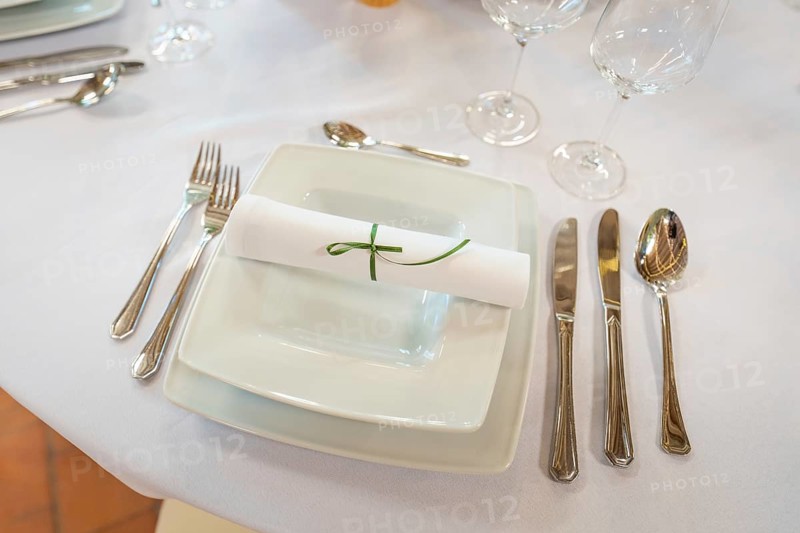 Minimalist table decoration with folded napkin and elegant cutlery, event and wedding location Kloster Lorch, Lorch, Germany