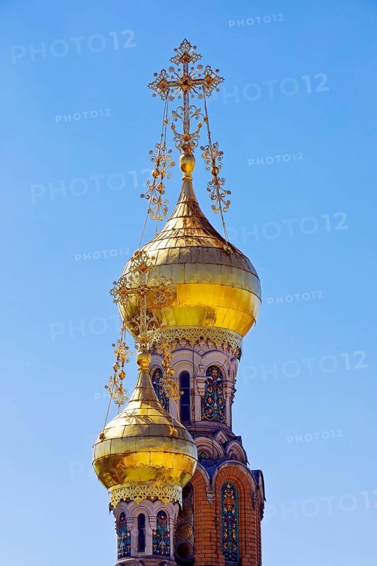 Gilded domes of the Russian Chapel, Mathildenhöhe, Darmstadt, Hesse, Germany