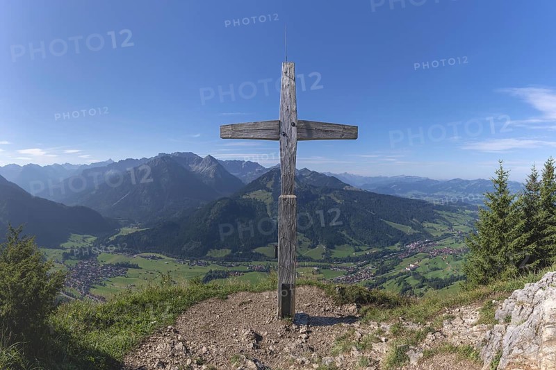 Panorama from Hirschberg, 1456m, into Ostrachtal with Bad Oberdorf, Bad Hindelang and Imberger Horn, 1656m, Oberallgäu, Allgäu, Swabia, Bavaria, Germany