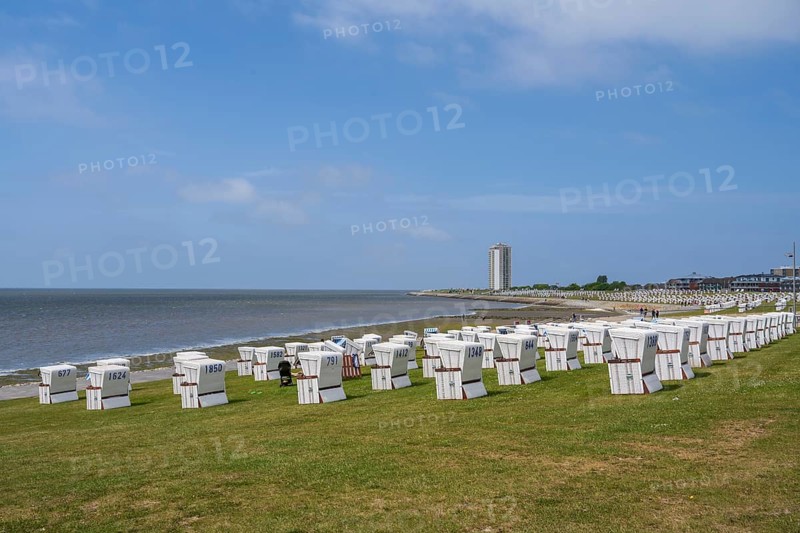 Beach chairs on the green beach, high-rise building, Büsum, North Sea, Schleswig-Holstein, Germany