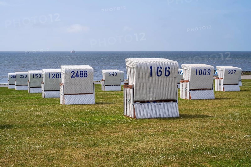 Beach chairs on the green beach, graphically orientated, Büsum, North Sea, Schleswig-Holstein, Germany