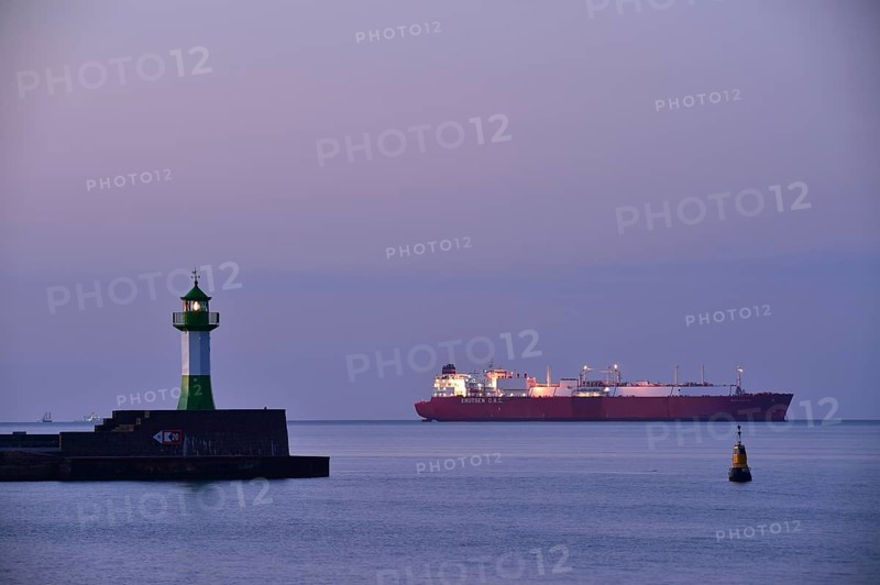 LNG tanker Iberica Knutsen at the Sassnitz lighthouse on Rügen, Mecklenburg-Western Pomerania, Germany