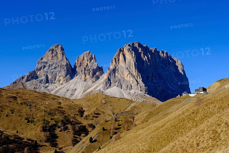 Sassolungo, Sassopiatto from the Sella Pass, Dolomites, South Tyrol, Italy