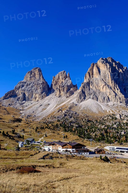 Sassolungo, Sassopiatto from the Sella Pass, Passo Sella, Dolomites, South Tyrol, Italy