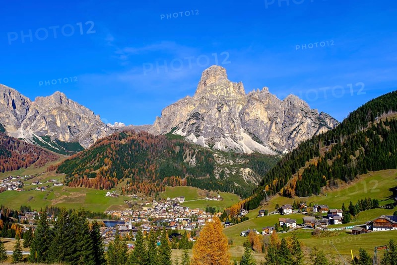 Corvara and Colfosco, with Sassongher, Alta Badia, Val Badia, Dolomites, South Tyrol, Italy
