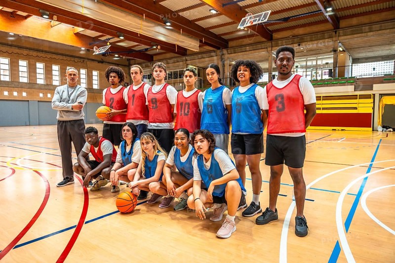High school basketball team posing for a photo with their coach on the court, ready for the game, teamwork and school spirit