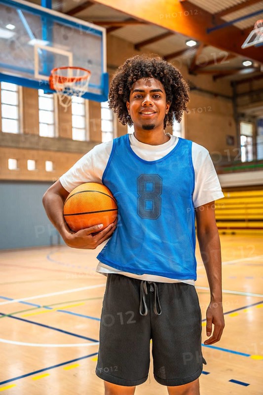 Smiling basketball player holding a ball while standing confidently on the court of an indoor arena, embodying passion and athleticism