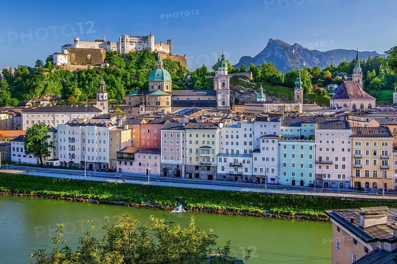 Panoramic view from the Kapuzinerberg over the Salzach to the old town with the Hohensalzburg Fortress to the Untersberg 1973m, Salzburg, Salzachtal, Salzburg County, Austria