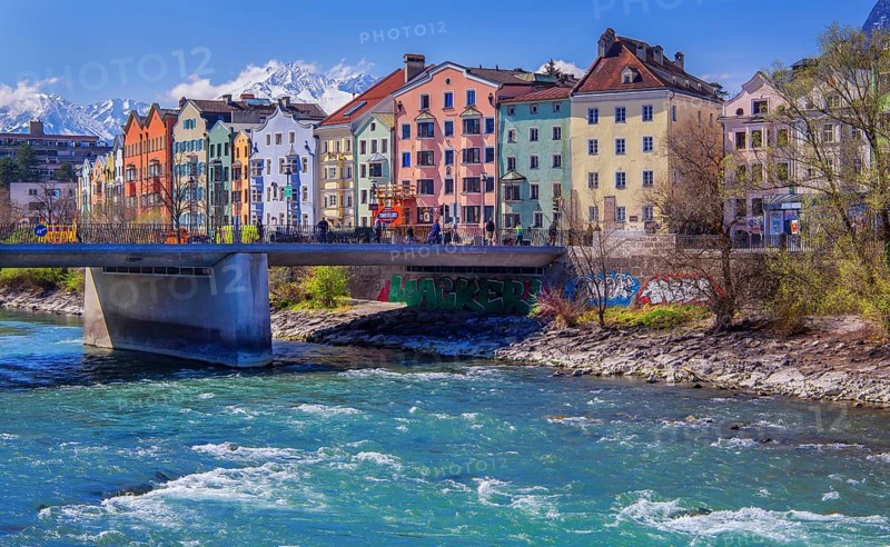 Coloured house front on the banks of the Inn, Innsbruck, Inn Valley, Tyrolean Alps, Tyrol, Austria