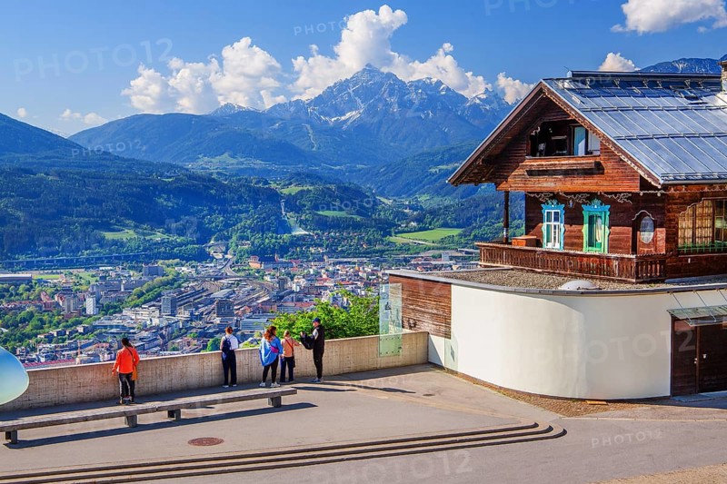 Viewing terrace on the Hungerburg with views of the city and Serles 2717m, Innsbruck, Inntal, Tyrolean Alps, Tyrol, Austria