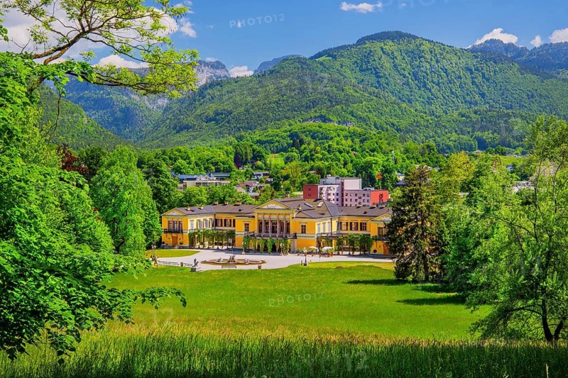 Imperial park with imperial villa in spring, Bad Ischl, Trauntal, Salzkammergut, Upper Austria, Austria