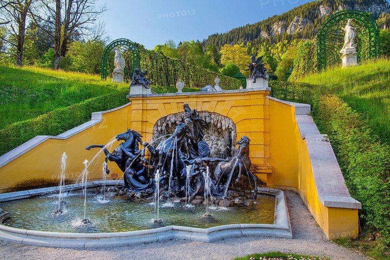 Neptune Fountain at Linderhof Castle in spring, municipality of Ettal, Ammergau Alps, Ammertal, Upper Bavaria, Bavaria, Germany