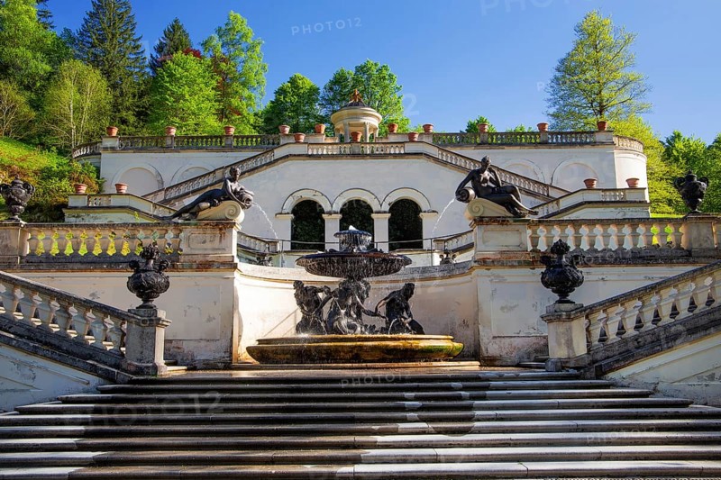 Terraces of the Temple of Venus in the park of Linderhof Castle in spring, municipality of Ettal, Ammergau Alps, Ammertal, Upper Bavaria, Bavaria, Germany