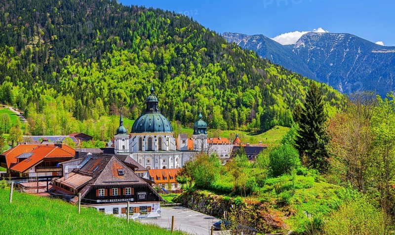 Ettal Monastery in spring, municipality of Ettal, Ammergau Alps, Upper Bavaria, Bavaria, Germany