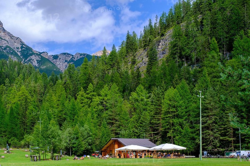 Baita Spiaggia Verde on the Boite river, near Cortina d'Ampezzo, Dolomites, Trentino, Italy
