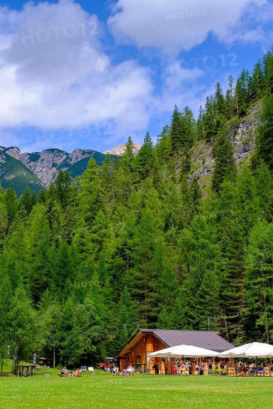Baita Spiaggia Verde on the Boite river, near Cortina d'Ampezzo, Dolomites, Trentino, Italy