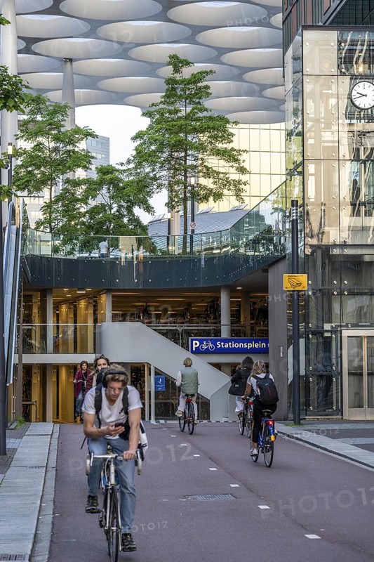 Entrance and exit to the central bicycle car park at Stationsplein, the largest bicycle car park in the world with over 13, 000 parking spaces on 3 floors, directly under the central station, Utrecht Centraal, Netherlands