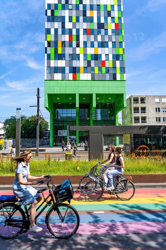 Rainbow cycle path through the university campus in Utrecht Science Park, 570 metres long, Utrecht University, Utrecht University of Applied Sciences and UMC Utrecht University Hospital, set an example for acceptance, equal treatment and safety of the LHBTIQ+ community Netherlands