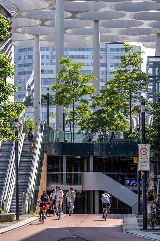 Entrance and exit to the central bicycle car park at Stationsplein, the largest bicycle car park in the world with over 13, 000 parking spaces on 3 floors, directly under the central station, Utrecht Centraal, Netherlands