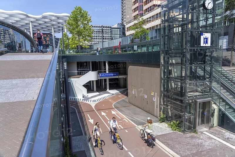 Entrance and exit to the central bicycle car park at Stationsplein, the largest bicycle car park in the world with over 13, 000 parking spaces on 3 floors, directly under the central station, Utrecht Centraal, Netherlands