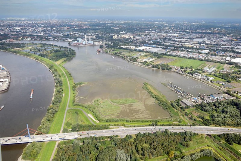 Nature reserve, wooden harbour, Moorfleet, Hamburg, aerial view