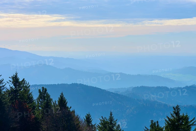 Wide mountain landscape with forest in the foreground and hazy horizon, Kandel, Waldkirch, Black Forest, Baden-Württemberg, Germany